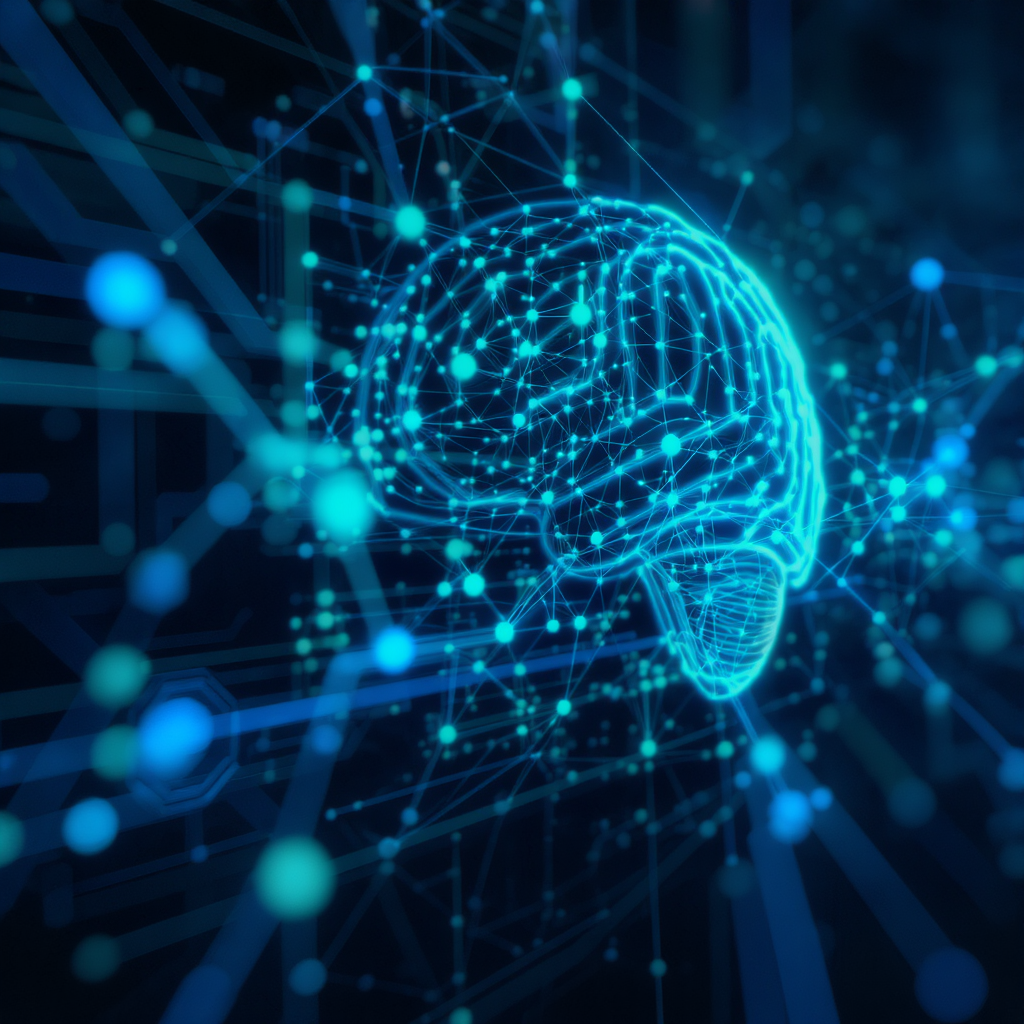 Rede tecnológica futurista com conexões digitais teal e azul representando inteligência artificial