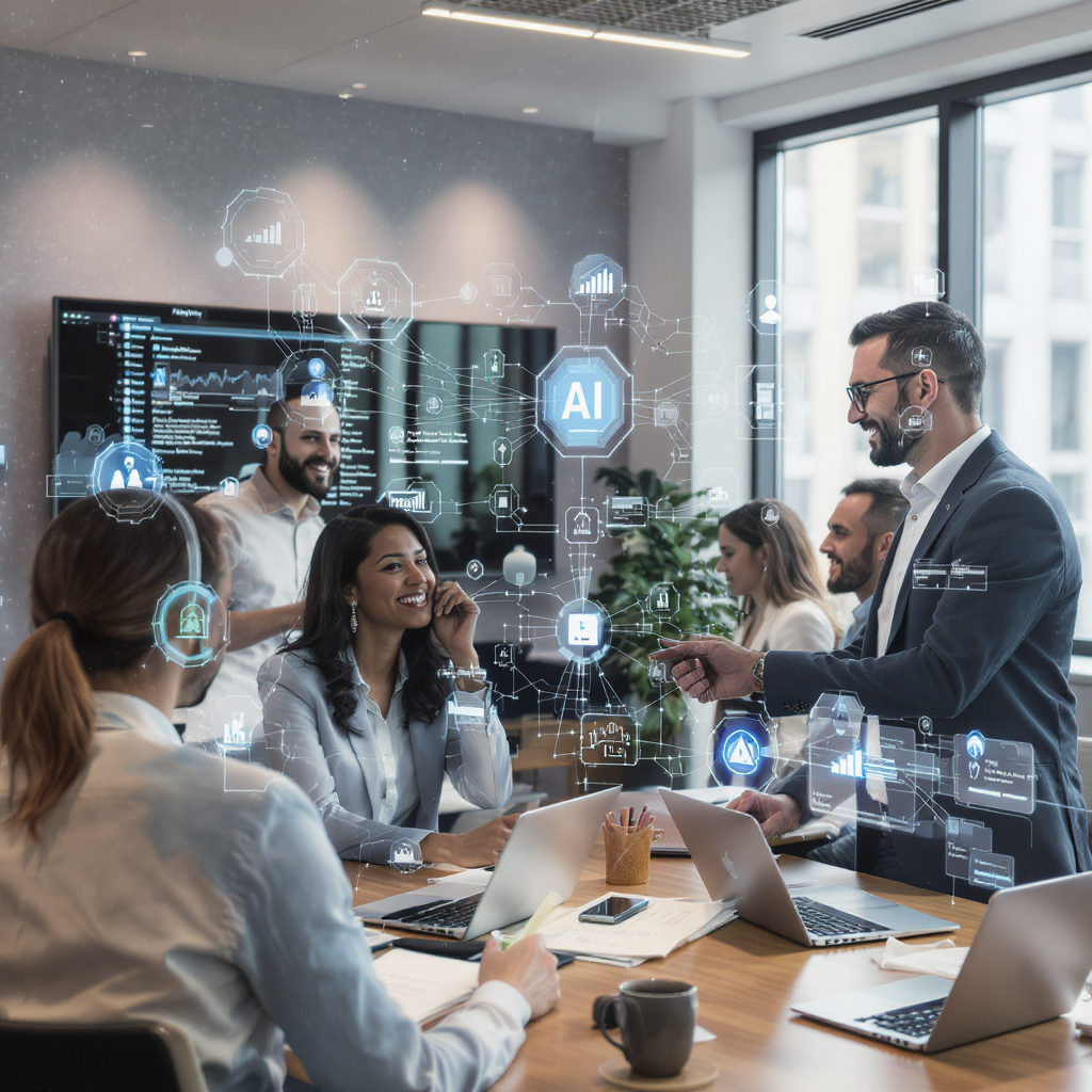 Equipe profissional colaborando com tecnologia e soluções de IA em ambiente corporativo moderno